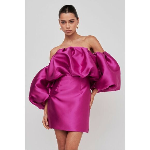 KLESIS GLIMMER OF HOPE OFF THE SHOULDER PUFF SLEEVE DRESS (MAGENTA) Size S - Picture 1 of 7